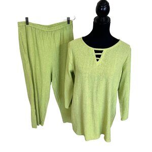 Womens Lime Green Pant Set Cotton Toofan Wide Leg Large Weave Pockets Resort